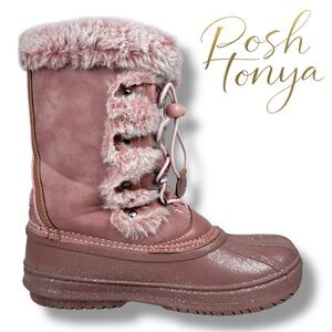 London Fog Faux Fur Winter Boots Pink Suede Size 4 Cabincore Cozy Outdoor